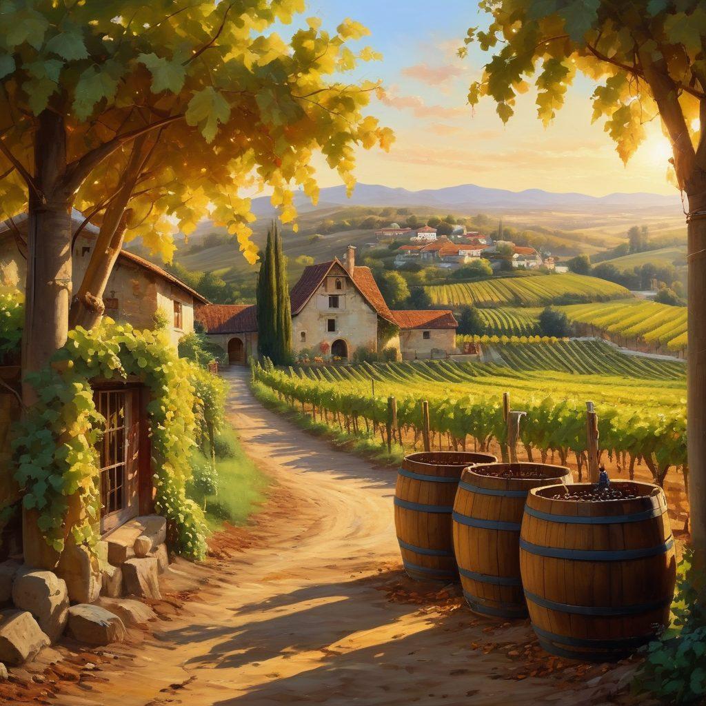 A picturesque vineyard landscape during the golden hour, showcasing rows of lush grapevines laden with ripe grapes. Include a rustic wine cellar in the background, filled with wooden barrels and bottles of rare vintage wines. Add elements of cultural heritage such as traditional wine tools and historical artifacts scattered artistically. Emphasize warm, inviting tones to suggest a rich cultural legacy. painting. vibrant colors.