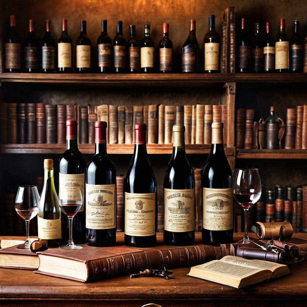 A beautifully arranged display of antique wine bottles with intricate labels, some dusty and aged. Surrounding them are vintage wine glasses, corkscrews, and old leather-bound books that hint at their stories. Soft, warm lighting casts a nostalgic glow over the scene, evoking a sense of timelessness. Subtle hints of oak barrels and vineyard scenery in the background. super-realistic. warm tones. soft focus.