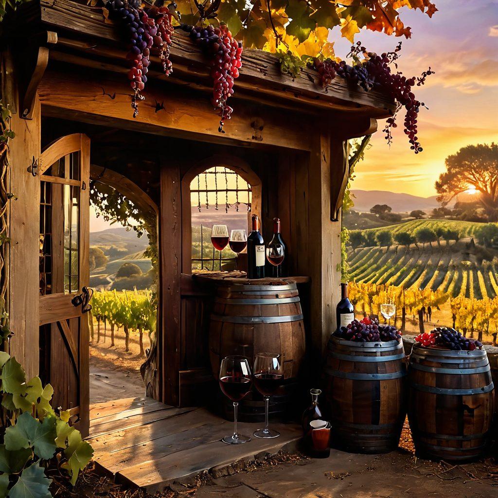 A rustic vineyard at sunset, with ancient oak barrels lined under a wooden trellis. Display a glass of swirling red wine reflecting the golden light, surrounded by vibrant grape clusters and aged books representing history. In the background, subtle hints of a collecting enthusiast's corner with wine memorabilia. super-realistic. warm colors. atmospheric.